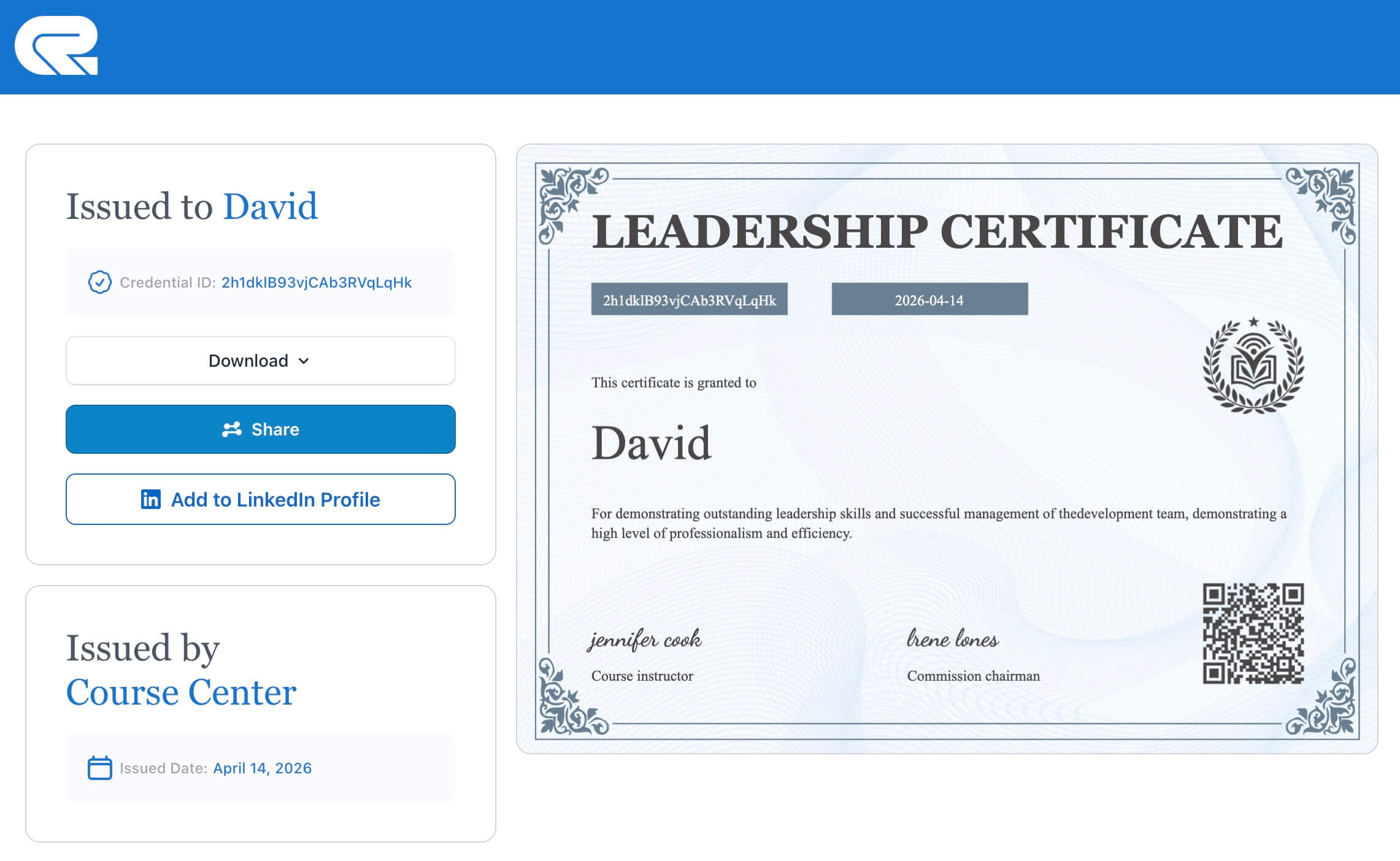 CertFusion certificate verification page — shows recipient, webinar name, issue date, and QR code